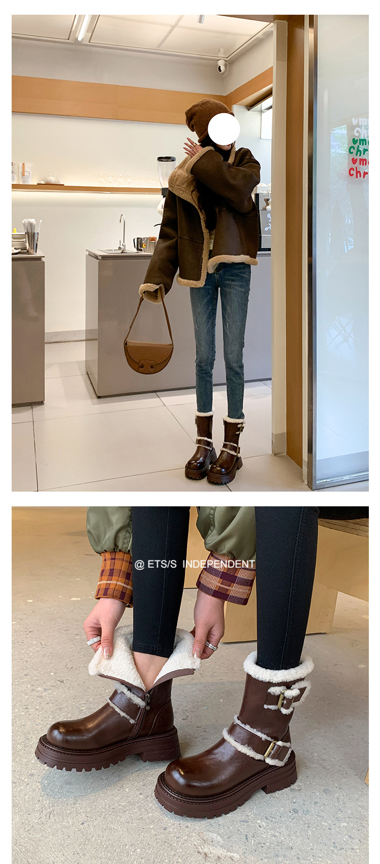 Boot tuyết nữ cổ thấp đế dày phong cách Anh, có khóa thắt lưng, lót lông ấm — màu đen chi tiết 23