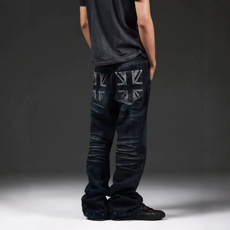 DETW Union Jack blue washed distressed pleated hand-beaded vintage scythe-fit stacked jeans for men