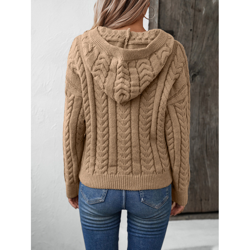 Pull à capuche épais style rétro automne/hiver pour femme avec fermeture boutonnée et maille torsadée_voghion.com