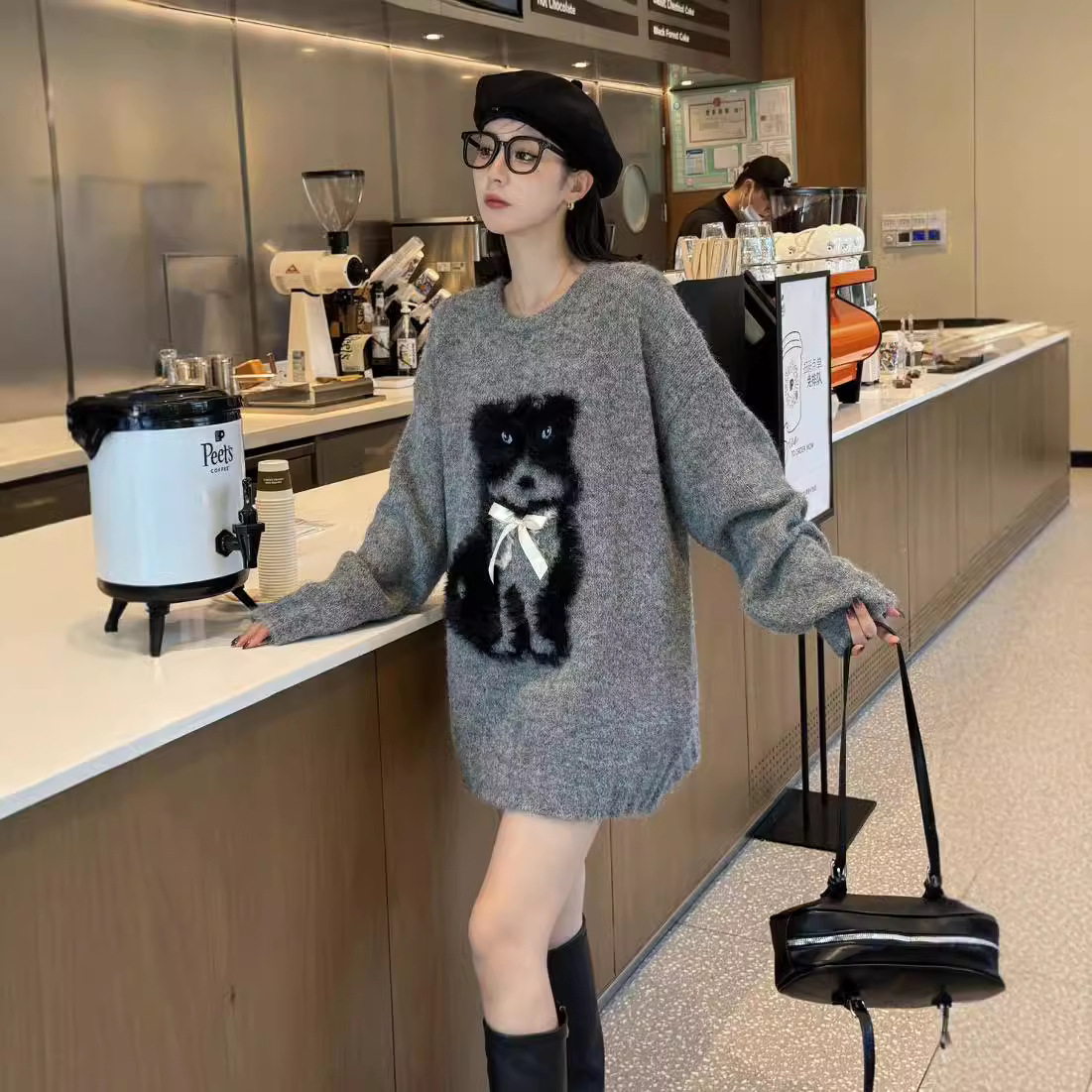 24 invierno Puyuan 2024 nuevo gatito lindo Jacquard peluche suéter de manga larga mujer otoño invierno