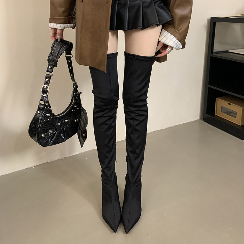 2025 European and American Over-The-Knee Boots Autumn and Winter 2025 Black Pointed Toe High Boots with Long Legs and High Heels Elastic Slim Boots