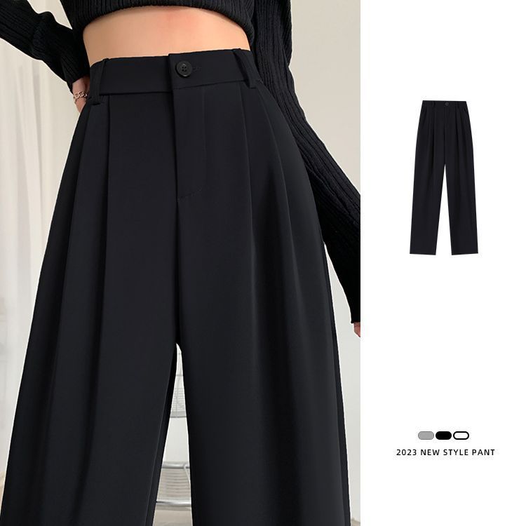 Black wide-leg pants women's spring and autumn high waist draping small casual straight Summer Ice Silk mopping suit pants