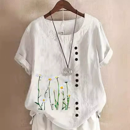 Новый стиль большого размера повседневный свободный хлопок и льна с короткими рукавами футболка вата и льна женская одежда
