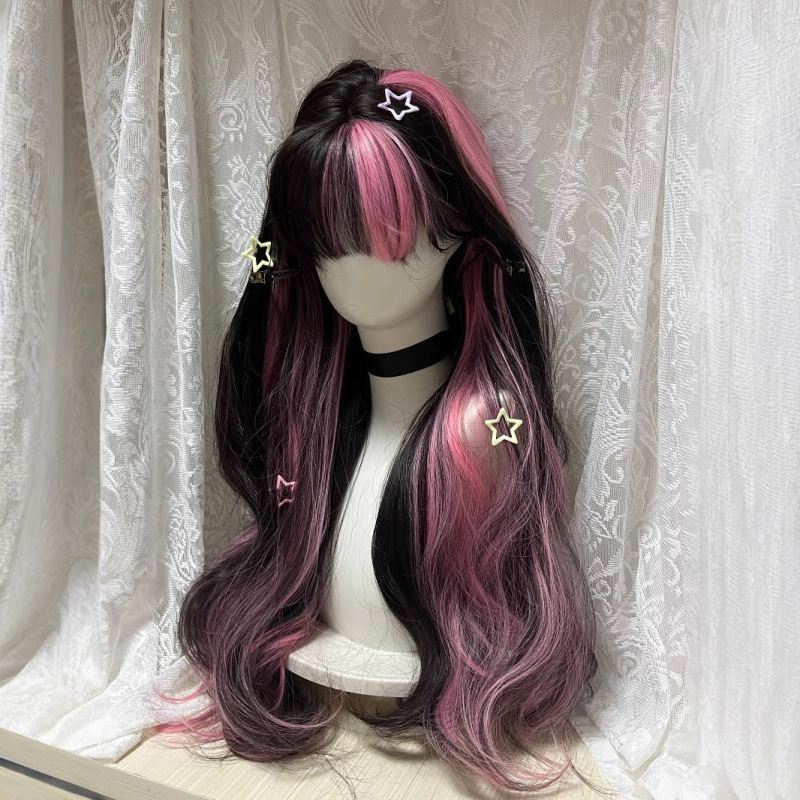 Xuchang ウィッグ 女性-サブカルチャー ブラック ピンク カーリーヘア ロリータ ロング カーリーヘア cos フルヘッドギア|undefined