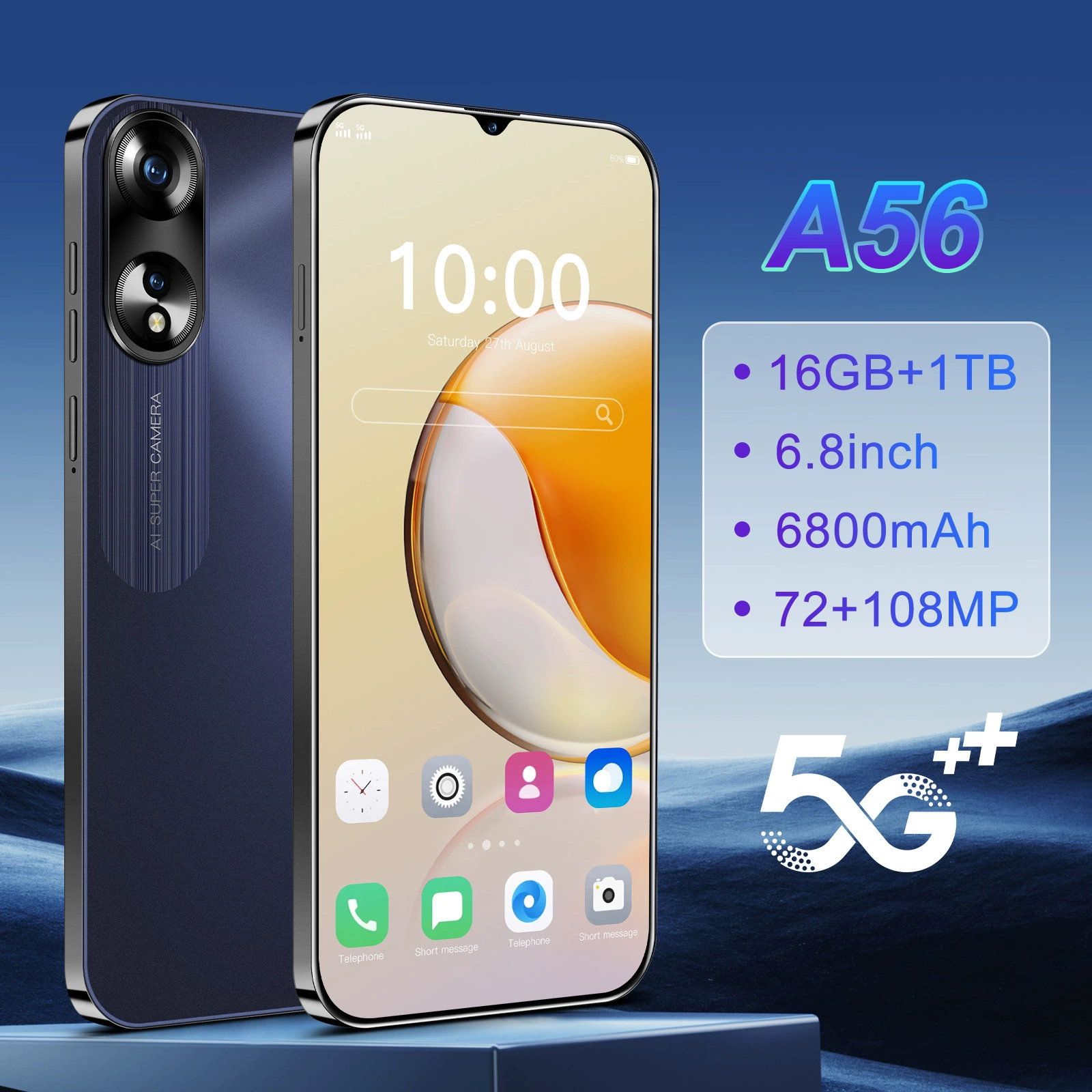A56 умный 5G мобильный телефон 7.3 дюймов экран с дыркой посреди 16+1TB импорт источник заводская цена полный экран