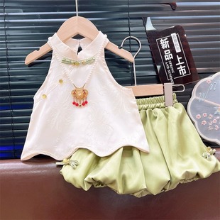 Girls' New Chinese Style National Style Suit 2025 Summer New Baby Girl Sleeveless Top Flower Bud Pants Two-Piece Set
