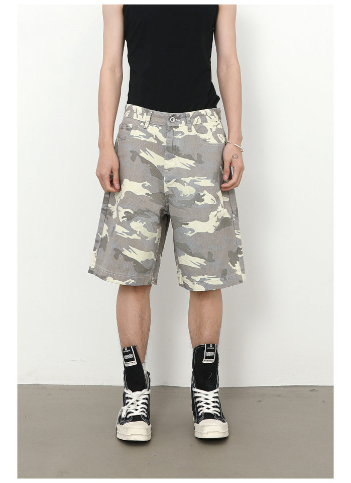 Quần short nam denim họa tiết rằn ri phong cách công sở đi biển — Màu trắng, Màu đen, Màu đất gỉ sét, Ngụy trang màu mơ chi tiết 14
