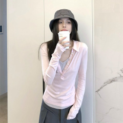 韩系粉色假两件v领长袖t恤女早秋季翻领修身内搭打底时髦撞色上衣