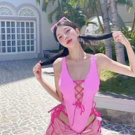 欧美性感芭比粉高叉深V领绑带连体泳衣女 辣妹纯欲风温泉度假泳装