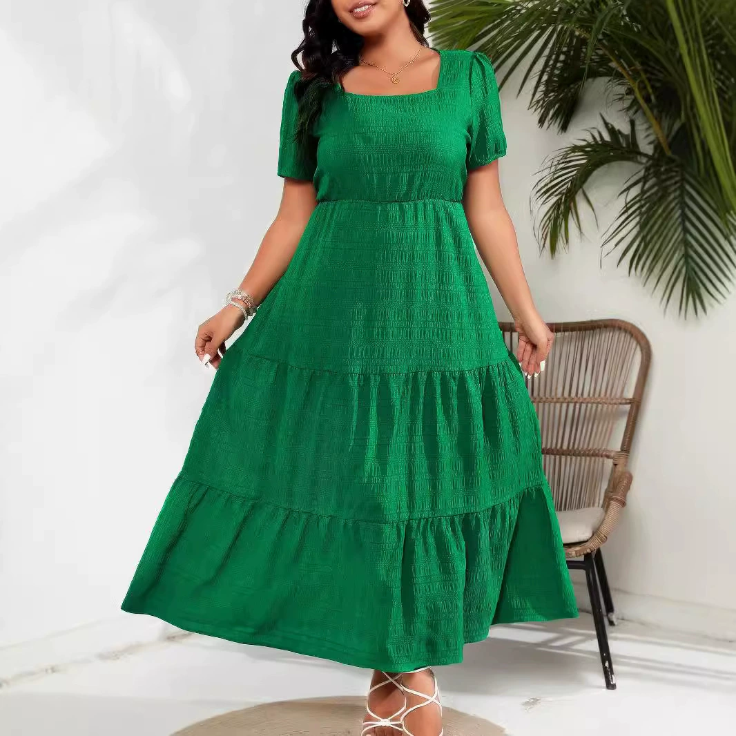 2024 Европейская и американская трансграничная женская одежда Amazon с пышными рукавами и квадратным вырезом сзади, плиссированные брюки с короткими рукавами и карманами с клапаном, платье