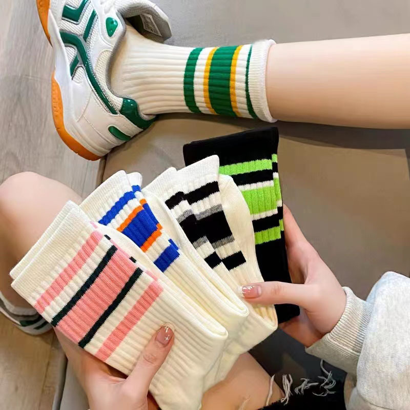 Shark Pants with Socks Ins Black and White Striped Sports Mid-Calf Spring and Autumn Trendy Student Pink Mid-Calf Thick Socks