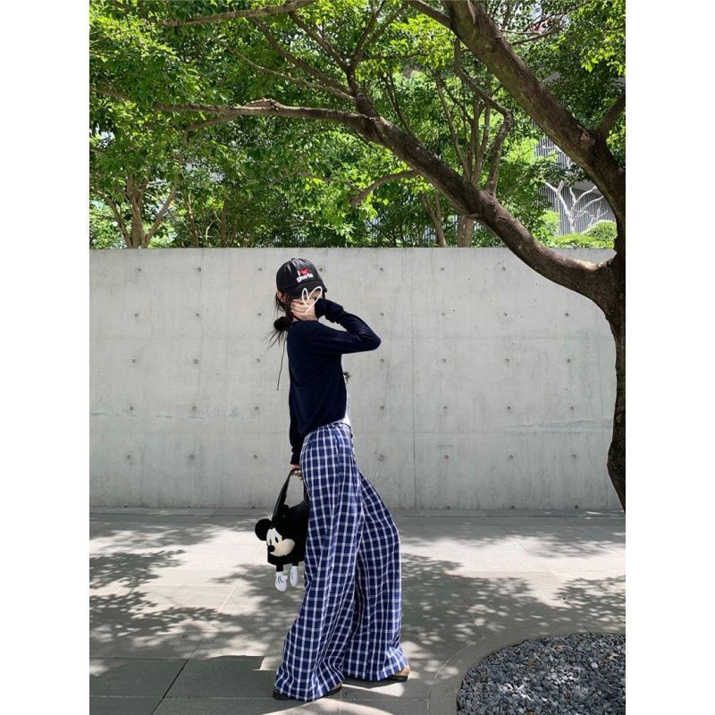 休闲套装带胸垫吊带背心女长袖防晒外套早秋格子阔腿长裤时尚套装|undefined