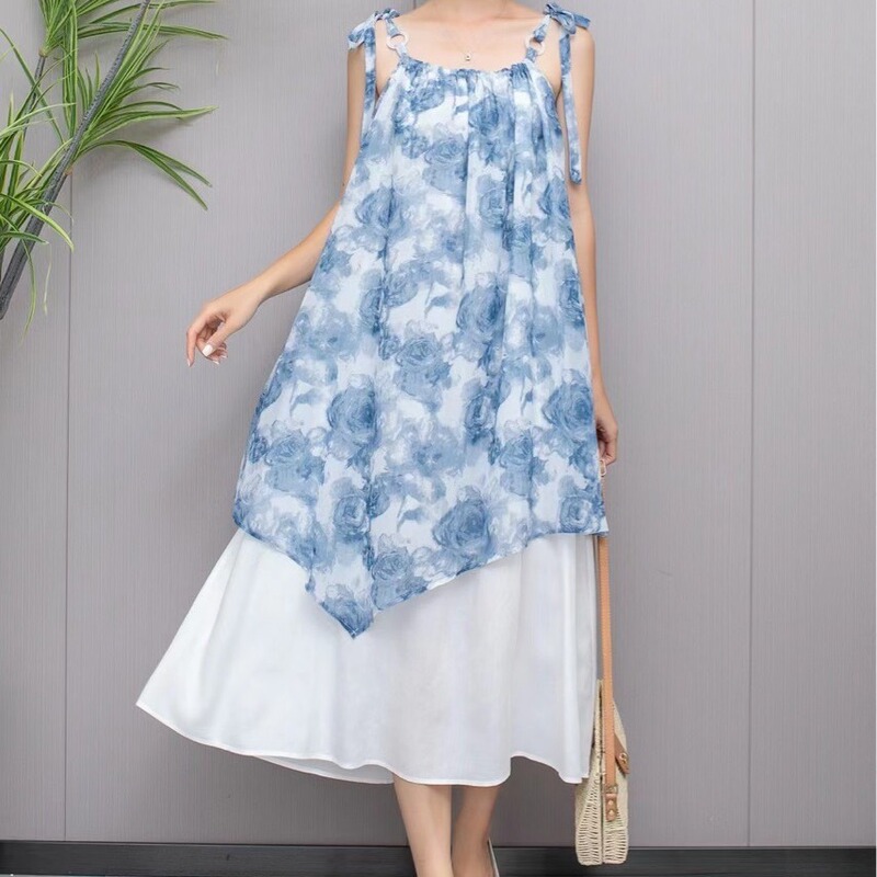 New Summer New Chinese Rose Flowers Irregular Laminated Slimming Mid-length Sling Drawing Sling Skirt