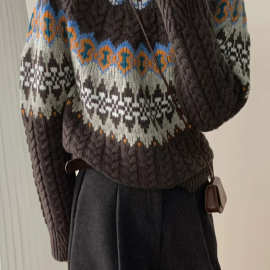 重磅加厚费尔岛拼色提花100羊毛衫女圆领针织毛衣宽松慵懒打底衫