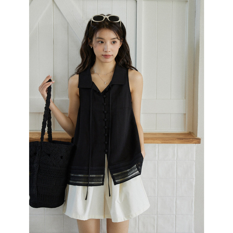 Mixabo Relaxed Black Sleeveless Collared Shirt for Women, Summer Loose Lace-Up Hollow-Out Lace Top with a Sense of Design Mixabo Relaxed Black Sleeveless Collared Shirt for Women, Summer Loose Lace-Up Hollow-Out Lace Top with a Sense of Design