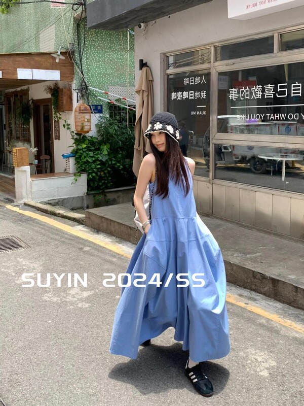 French Style Holiday Style Elegant Blue Vest dress Women's Summer New Design Sense Tight Waist Slim A- line Long Dress