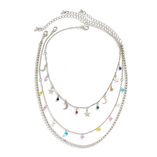 European and American cross-border jewelry Colorful gravel ethnic pendant tassel necklace Simple stacked thin chain star and moon necklace