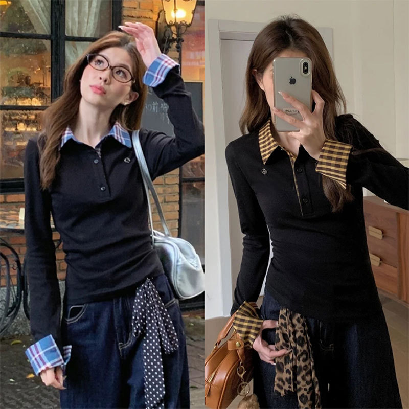 Design Sense Niche Fake Two-piece Contrast Color Polo Collar Long-sleeved T-shirt Women's Autumn Clothes Women's Top with Jeans