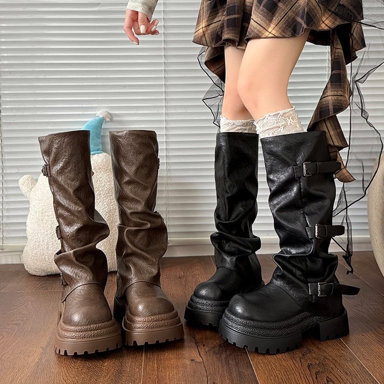 皮带扣褶皱厚底中筒靴子女2025年秋季新款爆款裤管西部靴ins潮靴|undefined