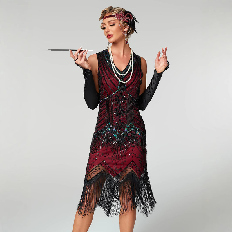 1920 Retro Style Sequined Beaded Dress with Front and Rear V Neck Fashionable Tassel Dress Aliexpress Amazon Hot Item 1920 Retro Style Sequined Beaded Dress with Front and Rear V Neck Fashionable Tassel Dress Aliexpress Amazon Hot Item