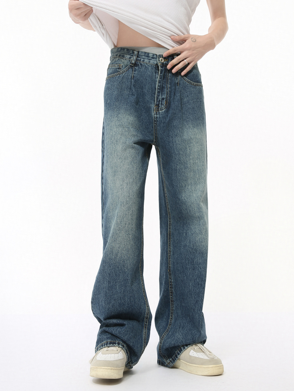 MTLCLOTHES Hombres| Retro americano hecho viejo blanco pulido rectas piernas largas jeans de calle de moda casual