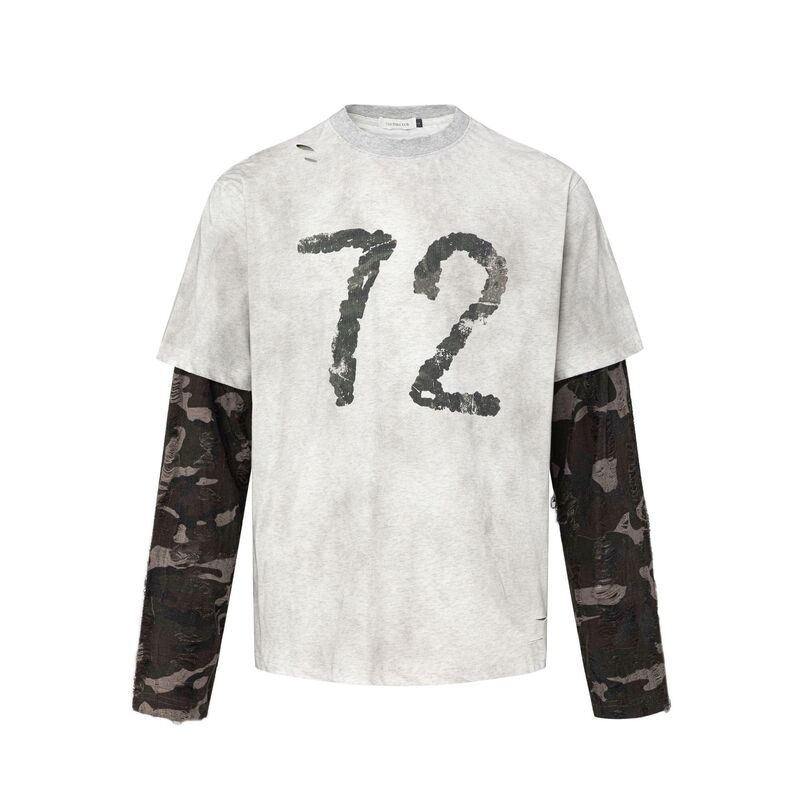 27262 American Retro High-End Neutral Fake Two-Piece Letter Print Design Trendyy Men's Loose Long-Sleeved T-Shirt