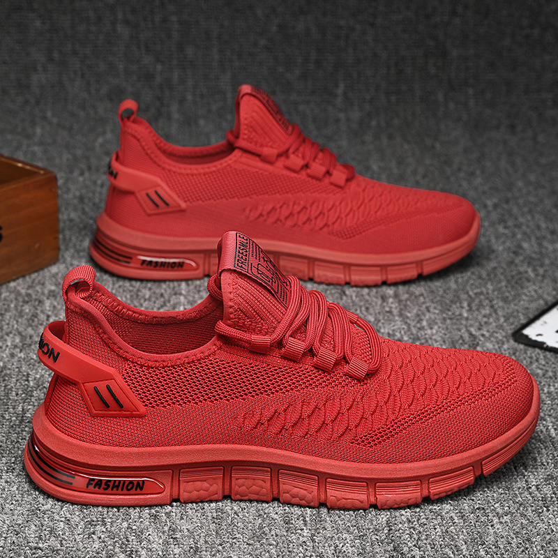 本命年红色男鞋2024新款夏季透气薄款网面网鞋男士跑步休闲运动鞋