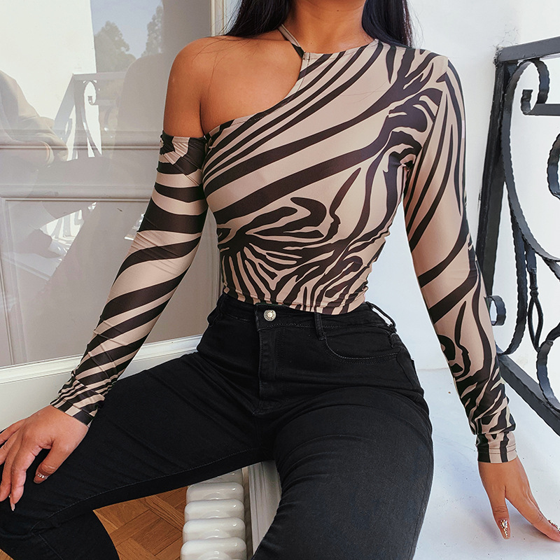 Off-The-Shoulder Striped Round Neck Slim Long-Sleeved T-Shirt NSXE108403