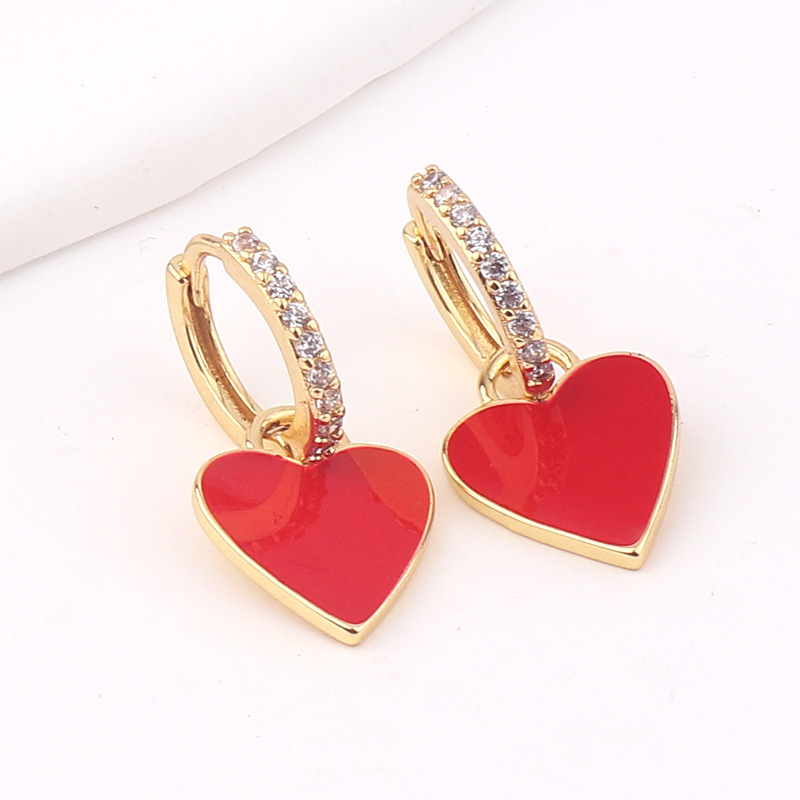 Retro Heart Shape Copper Earrings Stoving Varnish Artificial Gemstones Copper Earrings