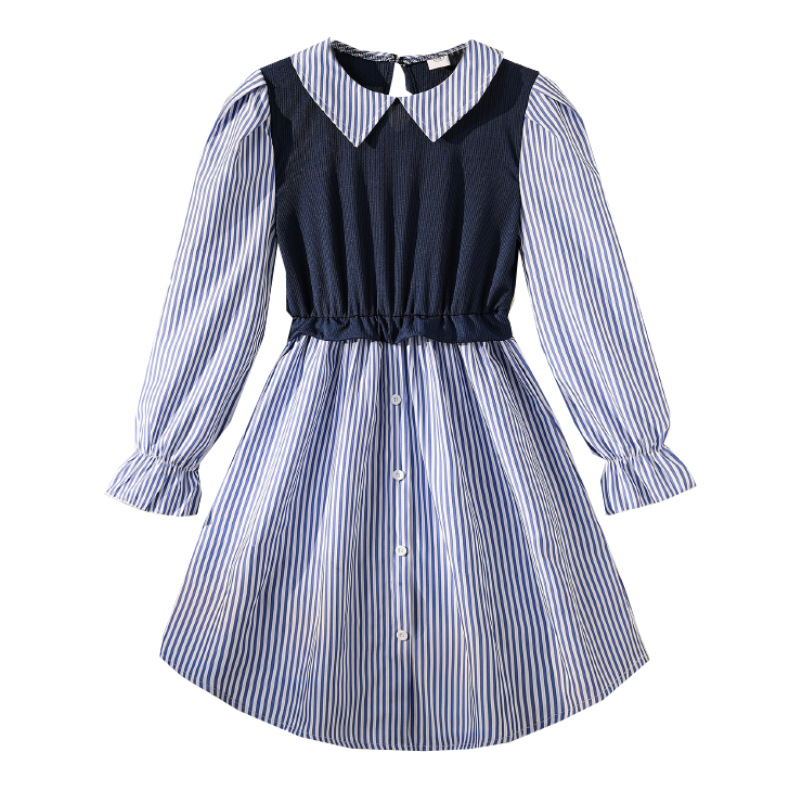 Women's clothing autumn and winter new fashion striped long sleeved two-piece dress French splicing shirt skirt_voghion.com