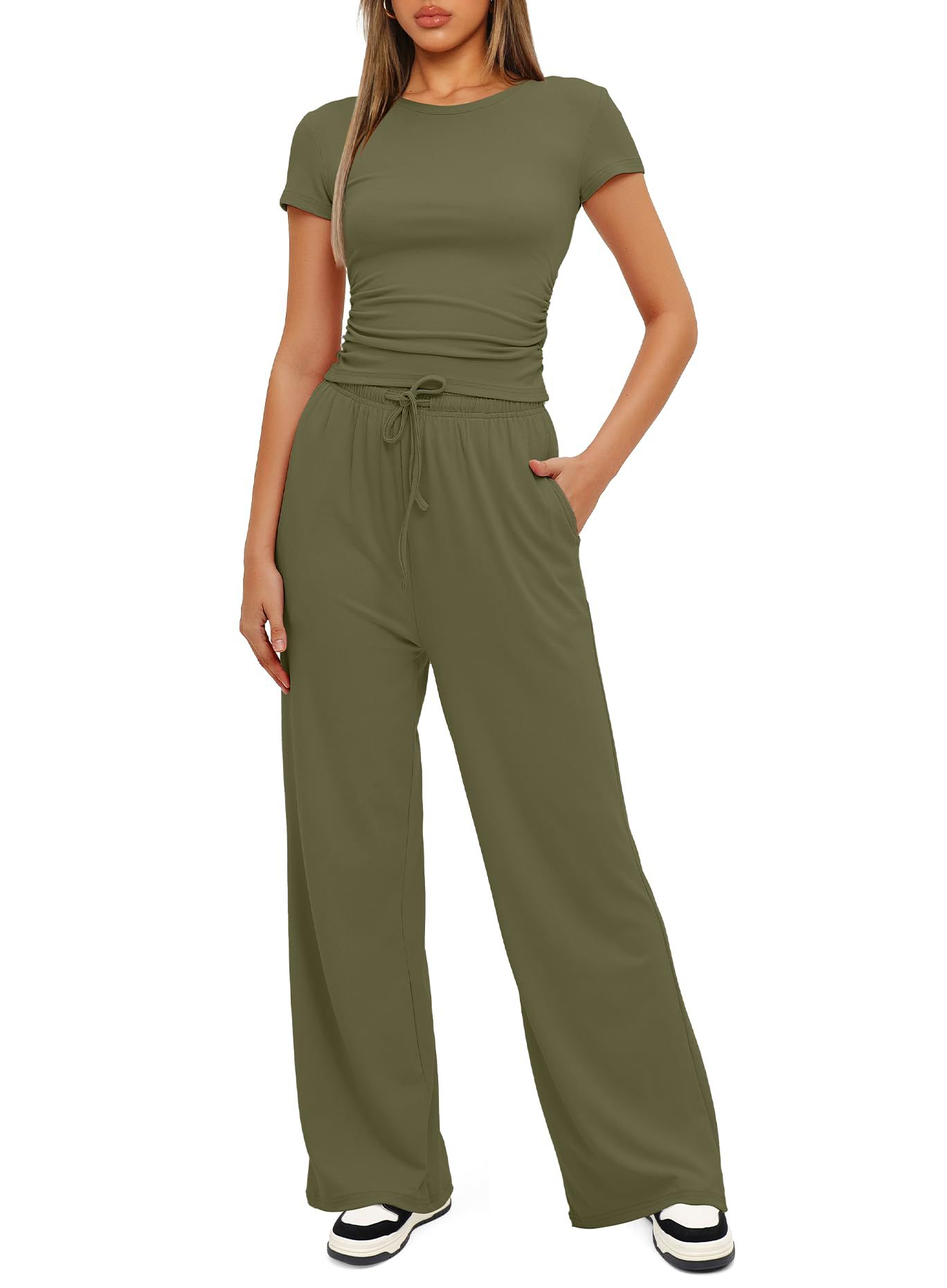 European American Foreign Trade Women's 2-piece Casual Set: Ruffled Short-sleeve Top And High-waisted Wide-leg_ecoleips.com