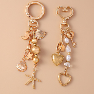 New Creative Moon Star Starfish Keychain Fashion Key Pearl Beaded Heart Key Ring Backpack Hanging Ornaments