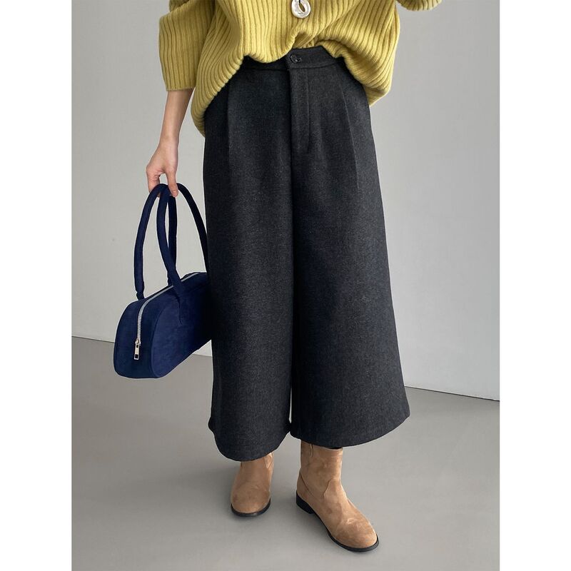 Korean-Style Gray Thick Wool Cropped Wide-Leg Pants for Women, High-Waisted Versatile Casual Woolen Cropped Pants E6271 Korean-Style Gray Thick Wool Cropped Wide-Leg Pants for Women, High-Waisted Versatile Casual Woolen Cropped Pants E6271