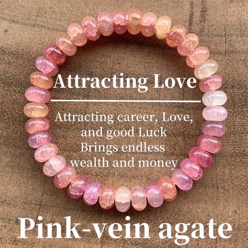 Cross-Border Popular Temu Xiyin Tk Beaded Bracelet Made of Pink Cracked Agate Elastic Bracelet