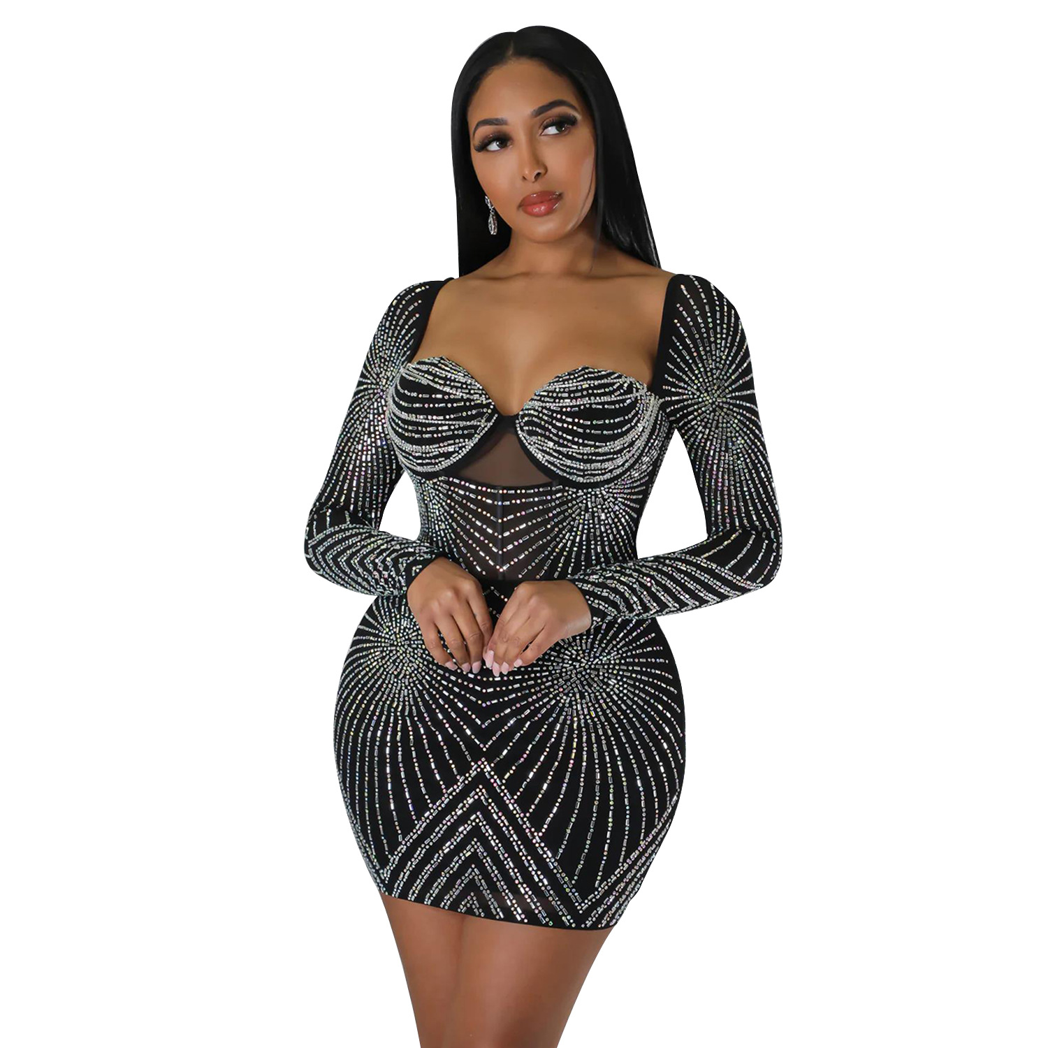 Women's Party Dress Elegant V Neck Diamond Long Sleeve Solid Color Above Knee Daily display picture 18