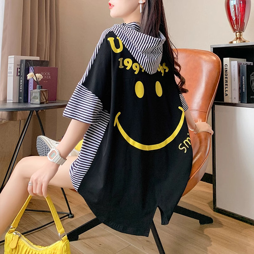 Striped Hooded Short-Sleeve T-Shirt for Women - Trendy Loose and Thin Design, 2025 Spring, Plus-Size, Design-Focused Splicing Top for Women