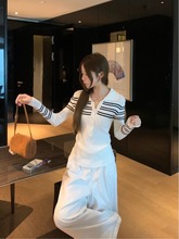 撞色条纹针织长袖打底衫内搭女2025秋装新款半开领长袖高级感上衣