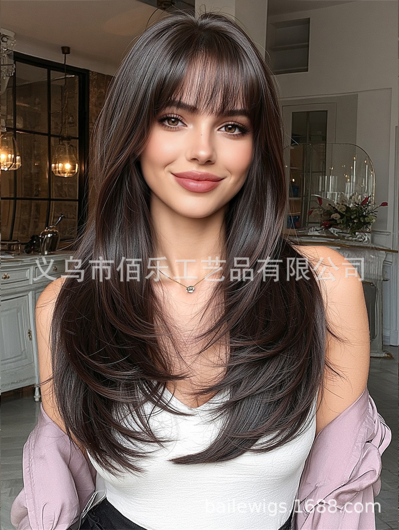 Negro marrón largo cabello recto pelucas de cabello para mujeres cubierta de capas sensoriales de cabello encontradas en stock al por mayor venta caliente pelucas image 7