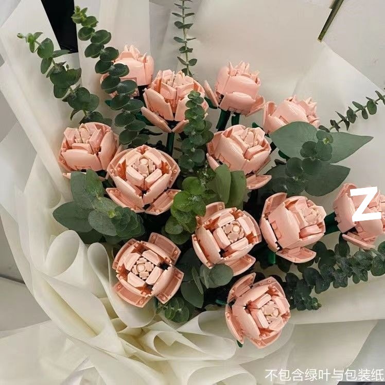永生花粉玫瑰蓝玫瑰花朵室内摆件拼装积木礼物情人节送女友批发|undefined