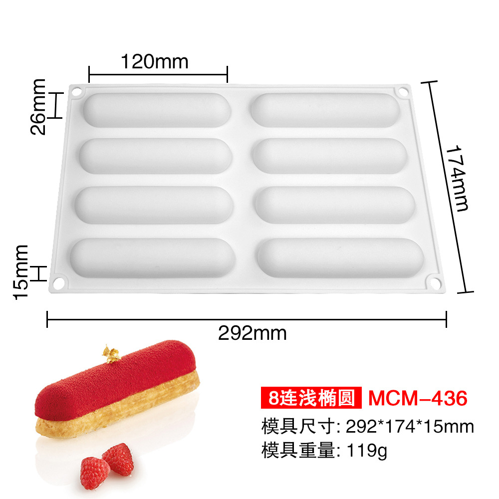 Refinado largo mousse pastel molde colección francés postre sándwich molde de silicona cilindro ovalado crujiente salchicha molde