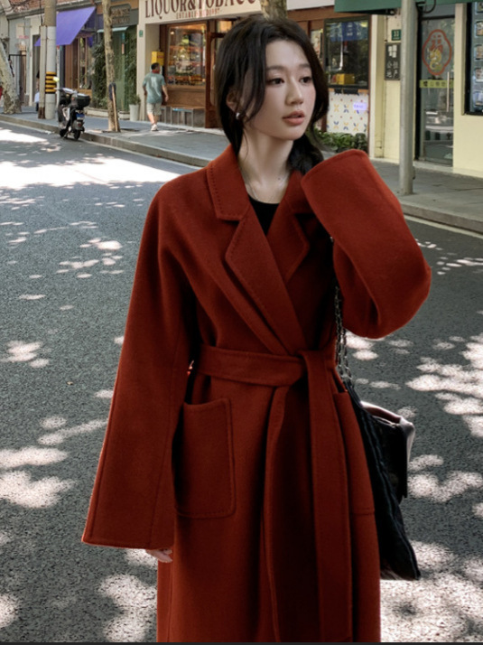 羊绒大衣女款2026新款秋冬安哥拉红高级感纯羊毛双面呢子大衣浴袍