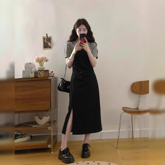 2025 Summer plus size Women's chubby girl New Style Elegant Slim Fake Two-piece Stitching Design Sense Tight Waist dress
