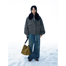 [识时]新品复古粗纺毛呢拼接毛领柔软保暖长袖拉链夹克外套V9621