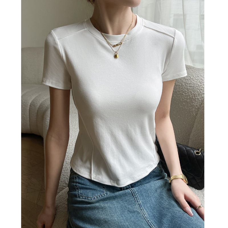 Q popular 280G modal hombro derecho espina de pescado cuello redondo Camiseta ajustada de manga corta para mujer verano 2024 top suelto
