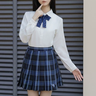 落雪原创刺绣蓝格裙jk制服 高腰显瘦学院风百褶半身a字裙衬衫套装