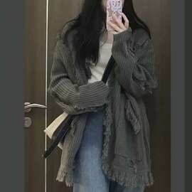 针织衫毛衣女春季2025年新款慵懒风小众灰色宽松长袖开衫上衣外套