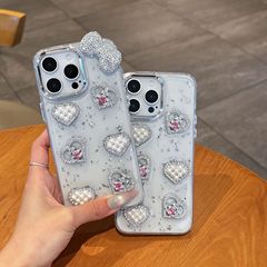 Apple 16ProMax 携帯電話ケース 新型iPhone17Pro 立体パール キラキラ ダイヤモンド ハート リボン