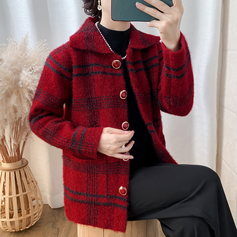 J 거북 3 어머니 스웨터 코트 여성 중년 및 노인 여성 격자 무늬 스웨터 외부 할머니 카디건 재킷