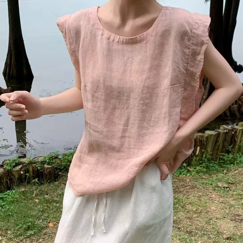 Linen Flutter Sleeve Blouse 2026 Artistic Simple Solid Color Round Neck Design Sleeve Lazy Style Versatile Pullover Top for Women