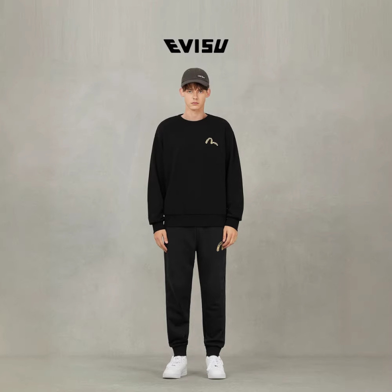 26Ss Spring New Style Evisu Black and Gold Four-Leaf Clover Loose Casual Versatile Unisex Long-Sleeve Sweatshirt